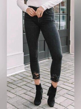 NWOT AGOLDE SOPHIE Mid Rise Skinny Leg Stretch Jeans Chewed Frayed Hems Black 25